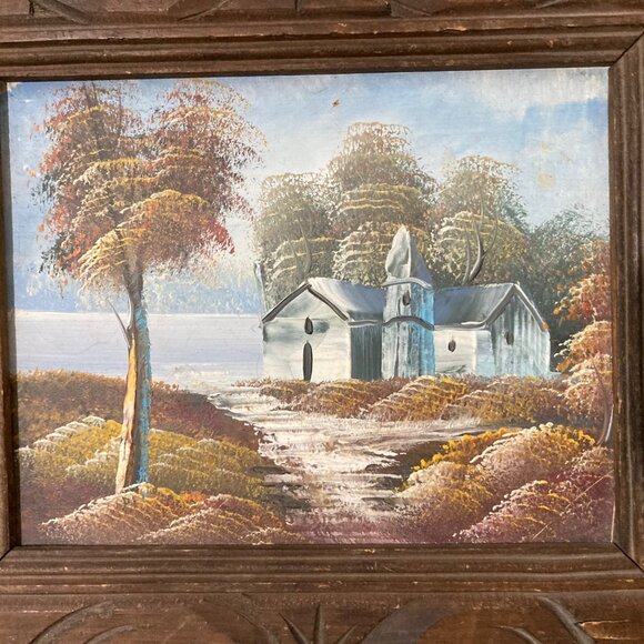 Vintage Framed Landscape Oil Painting With Wooden Carved Frame 14.5" X 12.5" - Picture 2 of 5